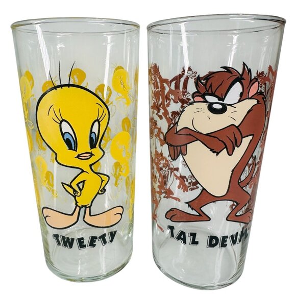 RARE 1995 Looney Tunes Taz Tasmanian Devil Tweety Warner Bros Glass Lot of 2 - Picture 1 of 16